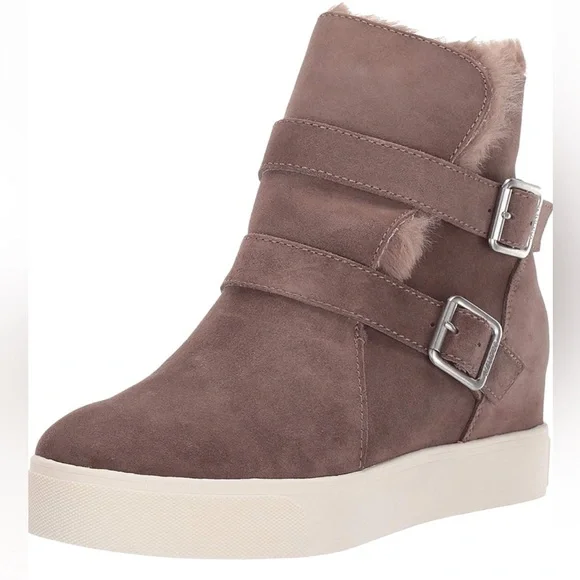 NWT J/SLIDES WELLS Taupe Suede Hidden Wedge Faux Fur Platform - Picture 3 of 16